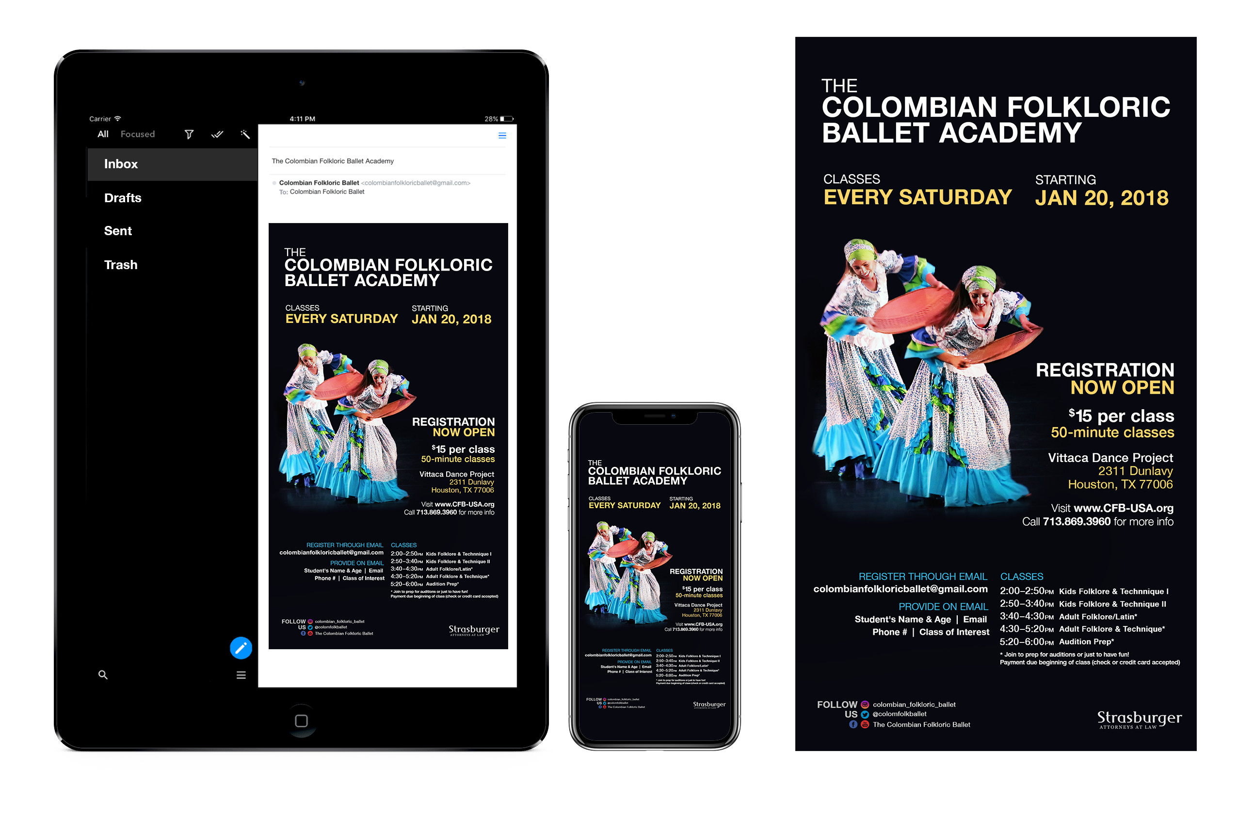 The Colombian Folkloric Ballet classes every Saturday. Email and Iphone